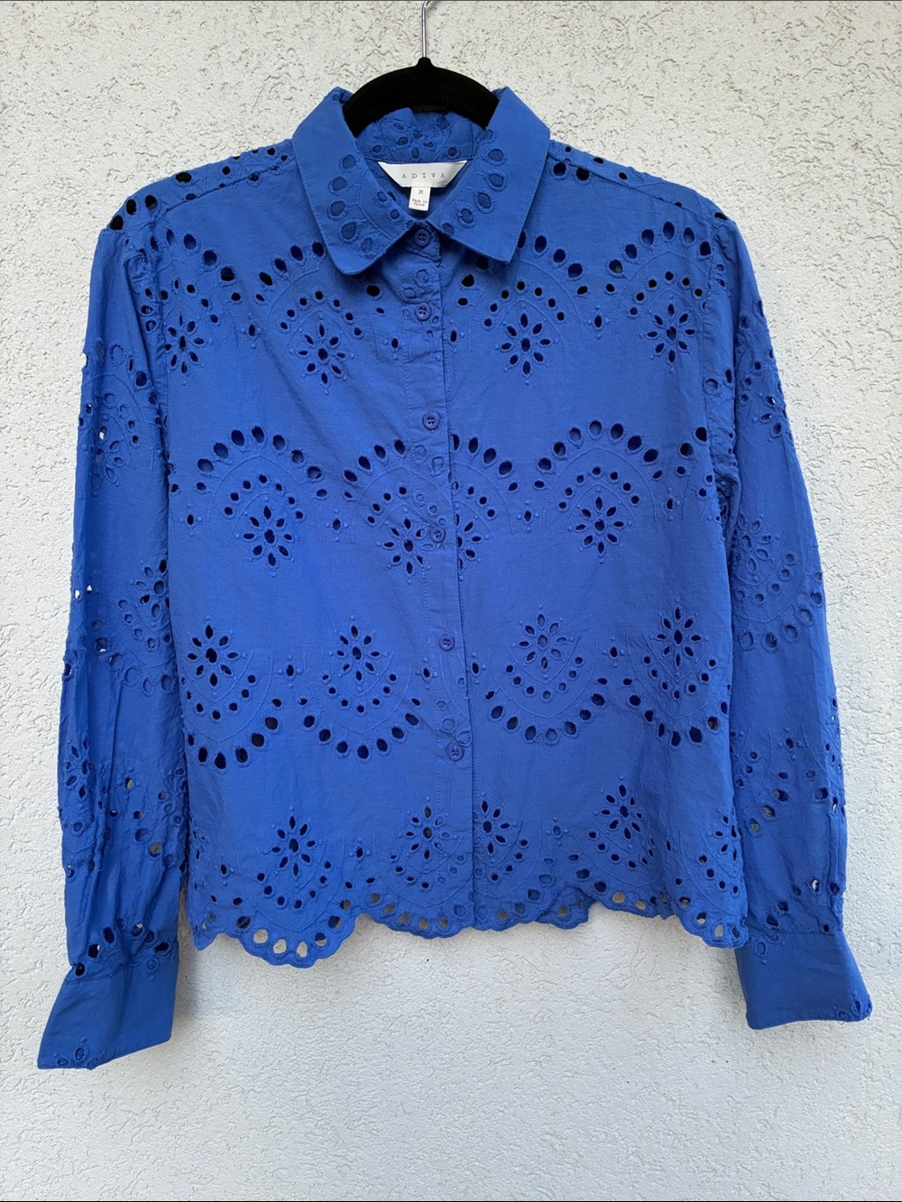 Adiva blue large eyelet fabric button down blouse long sleeves scalloped hemline